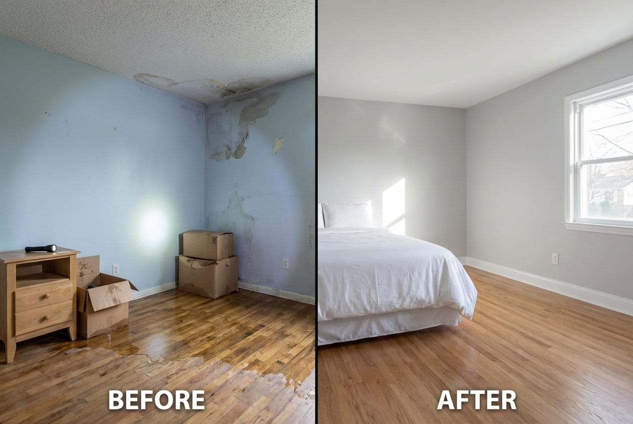 Before and after emergency water removal in Alpine two-story residence bedroom