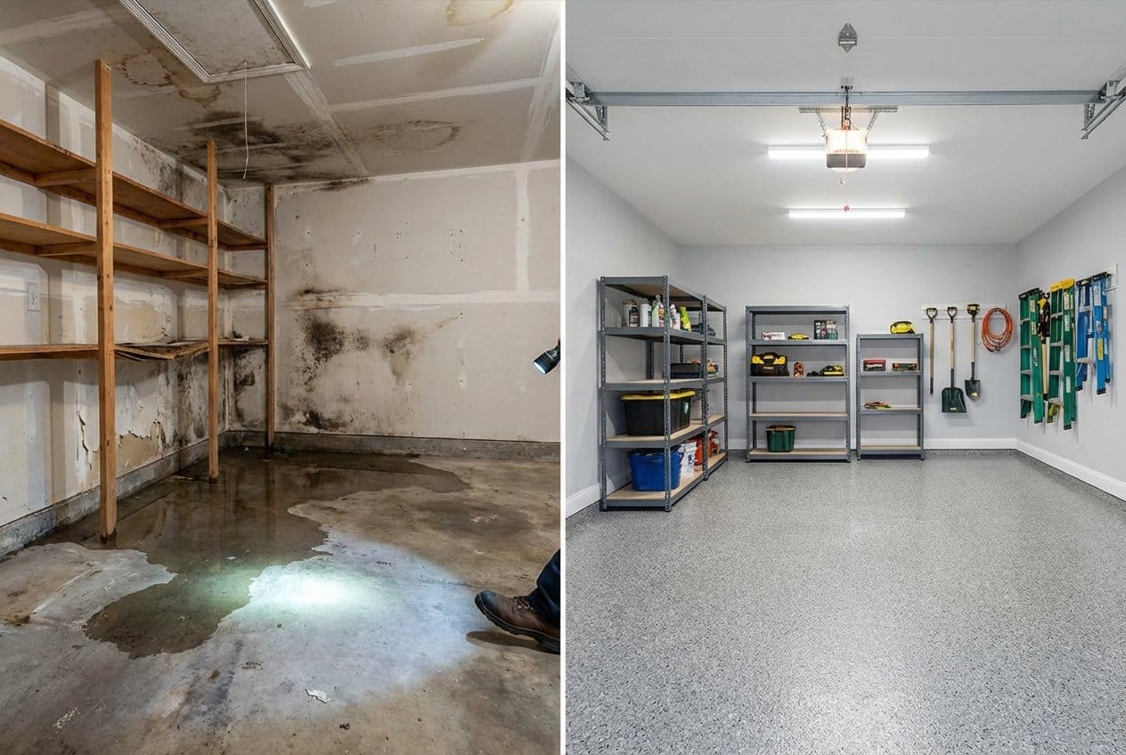 Basement Flood Cleanup before and after in garage, Alpine NJ