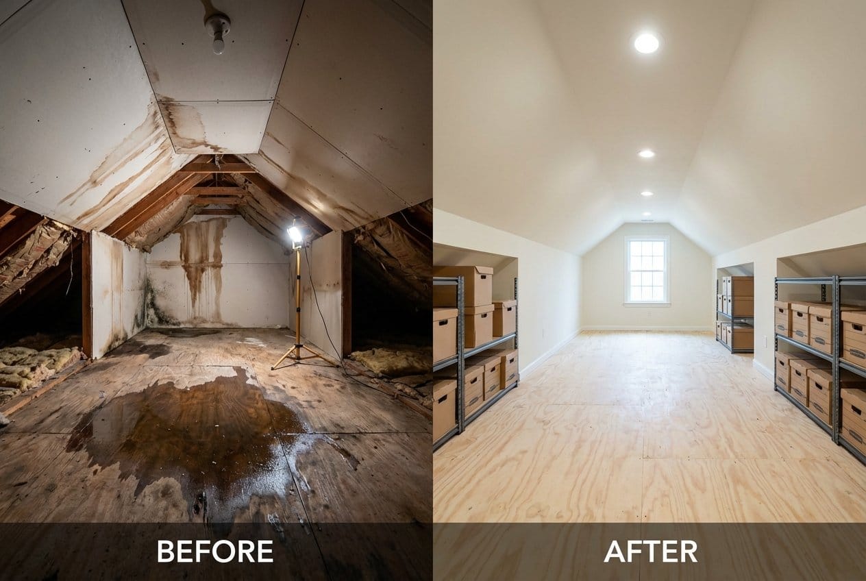 Before and after basement flood cleanup in Alpine commercial property attic space