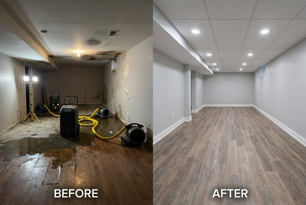 Storm & Roof Leak Water Damage before and after in finished basement, Alpine NJ