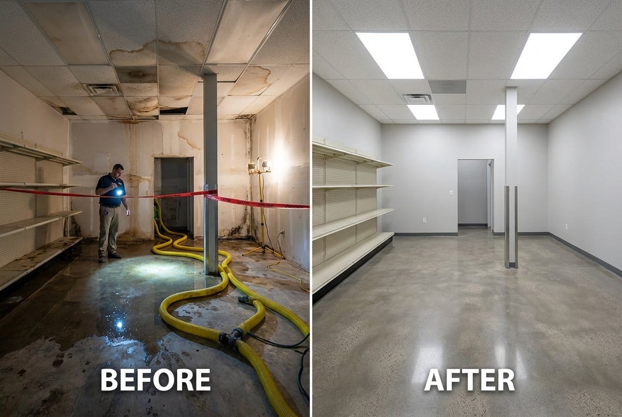 Before and after storm & roof leak water damage in Alpine Cape Cod house storefront interior