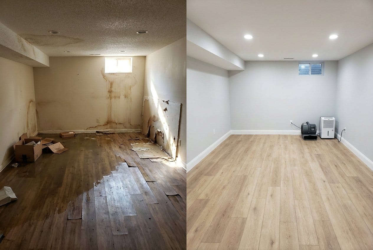 Sewage Backup Cleanup before and after in residential basement, Alpine NJ