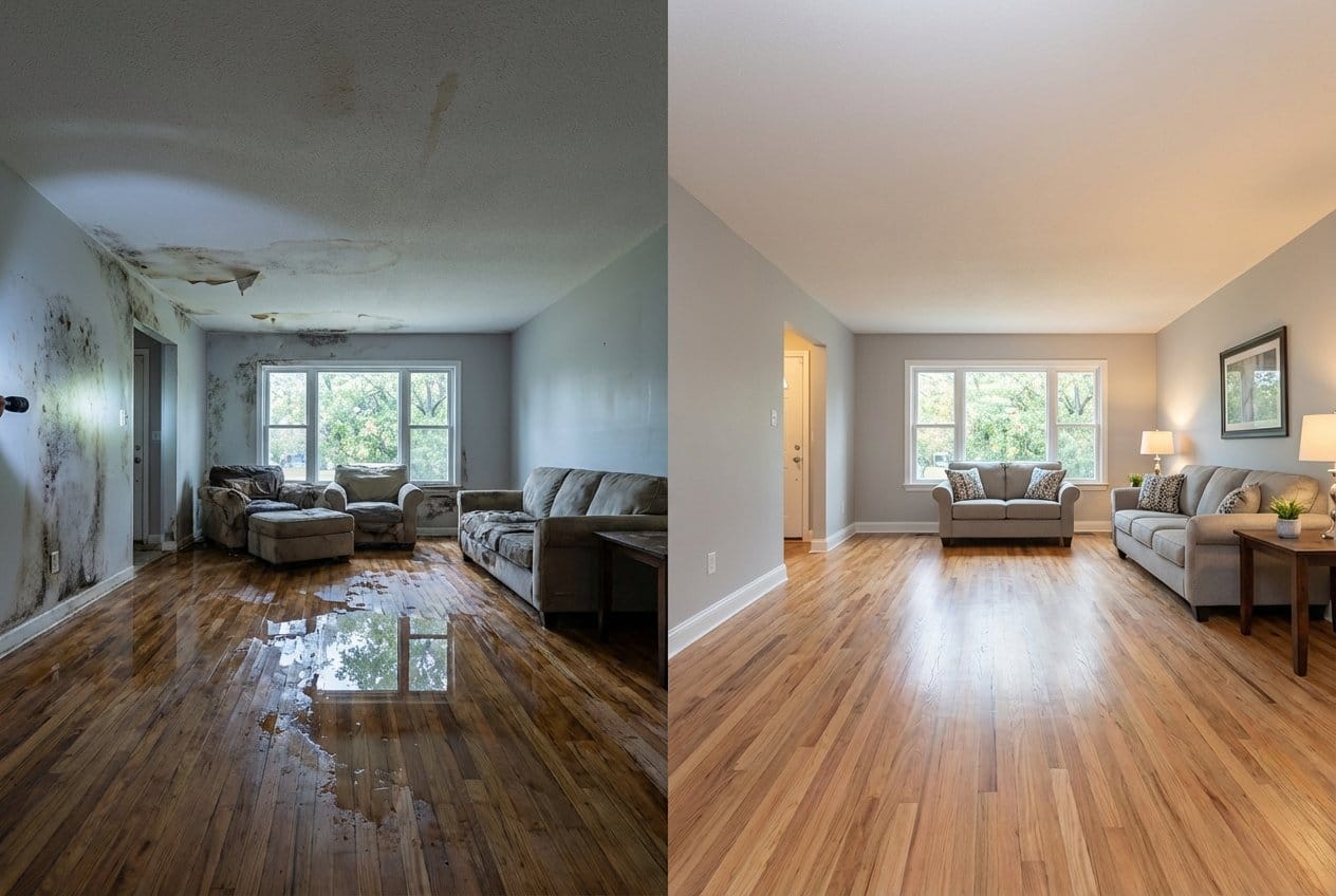 Structural Drying & Dehumidification before and after in living room, Alpine NJ
