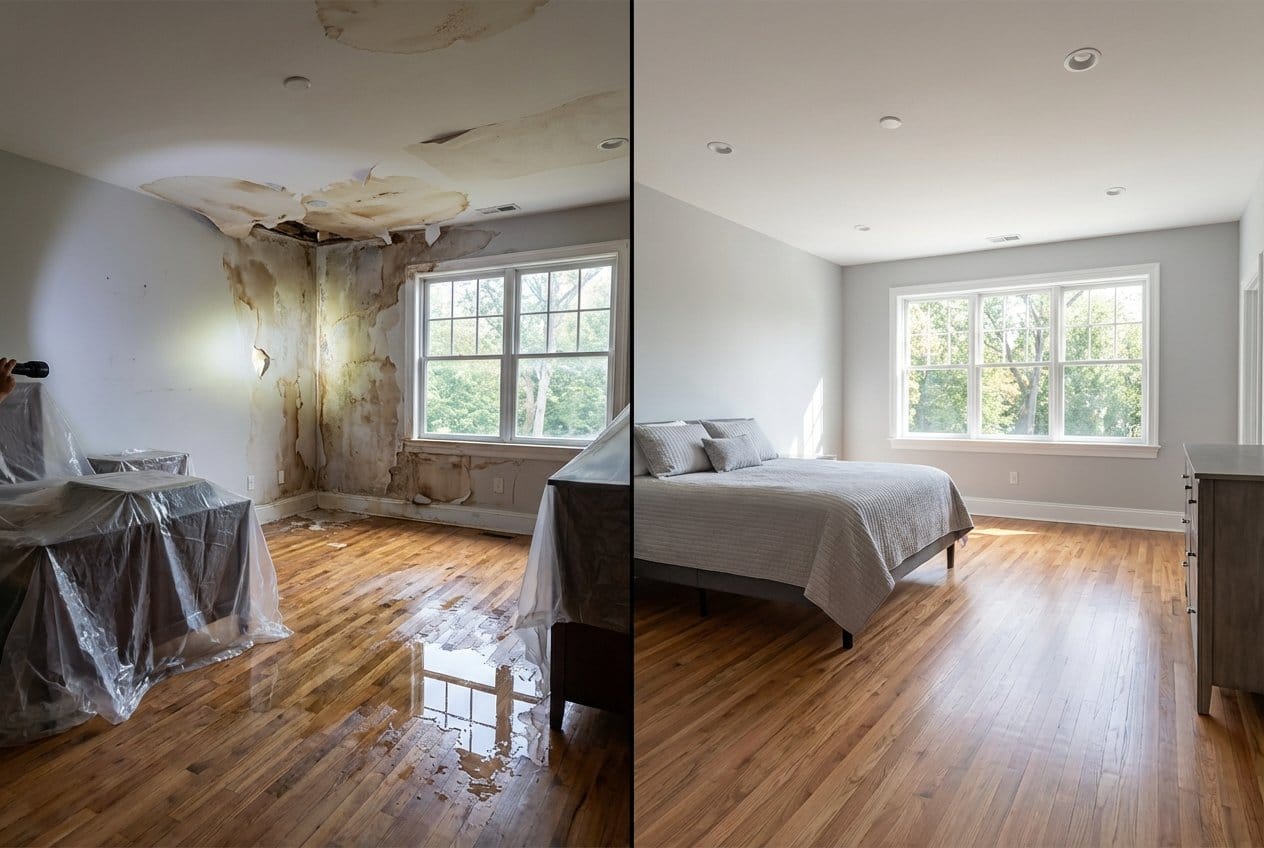 Before and after structural drying & dehumidification in Alpine bi-level home bedroom