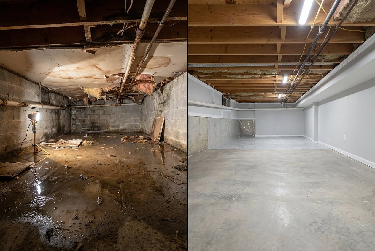 Carpet & Flooring Water Damage Cleanup restoration β crawl space of bungalow in Alpine, NJ