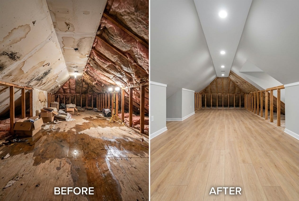 Before and after carpet & flooring water damage cleanup in Alpine single-family home attic space