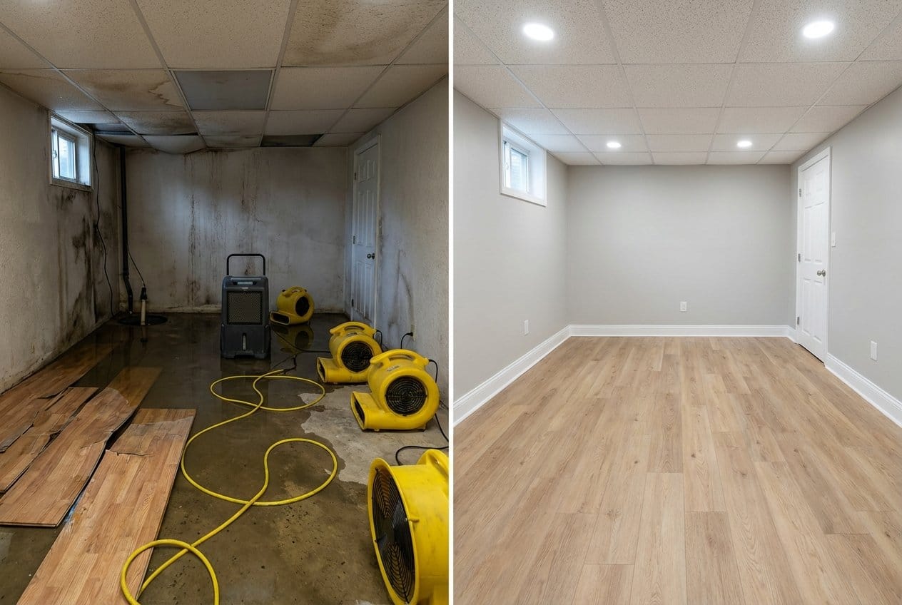Content Drying & Property Cleanup before and after in finished basement, Alpine NJ