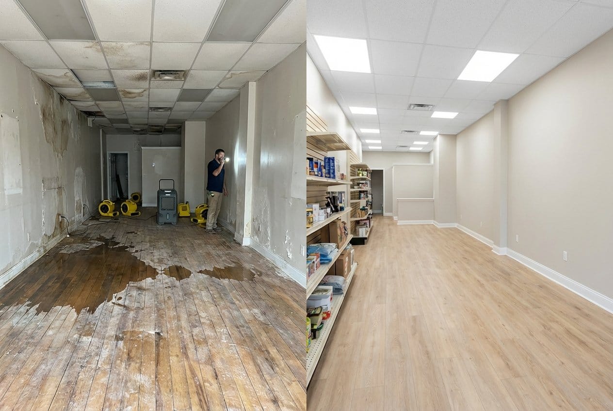 Before and after content drying & property cleanup in Alpine townhouse storefront interior