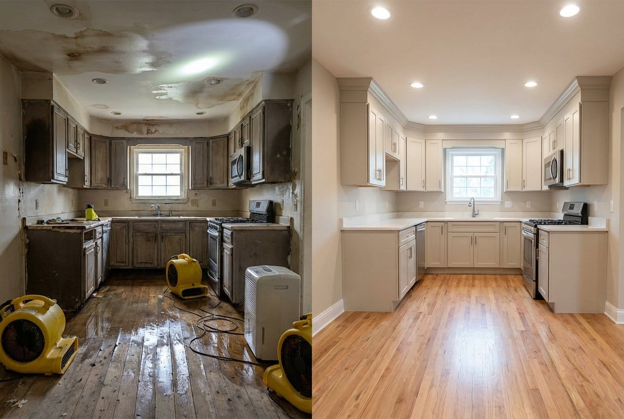Mold Prevention After Water Damage restoration — home kitchen of bi-level home in Alpine, NJ