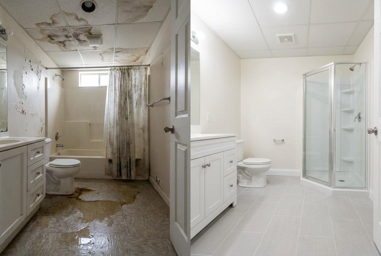 Before and after mold prevention after water damage in Alpine Victorian home bathroom