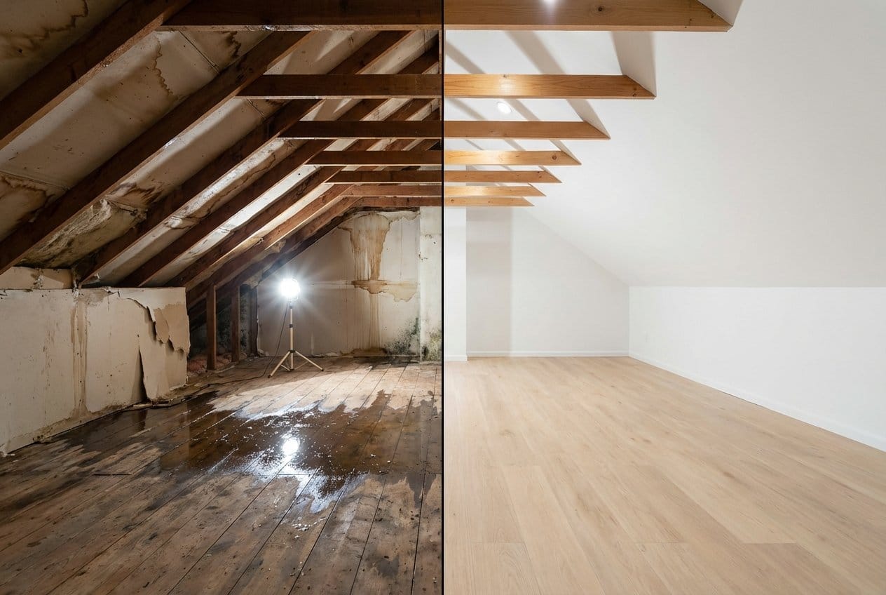Alpine Water Damage Restoration attic space restoration before and after in Alpine